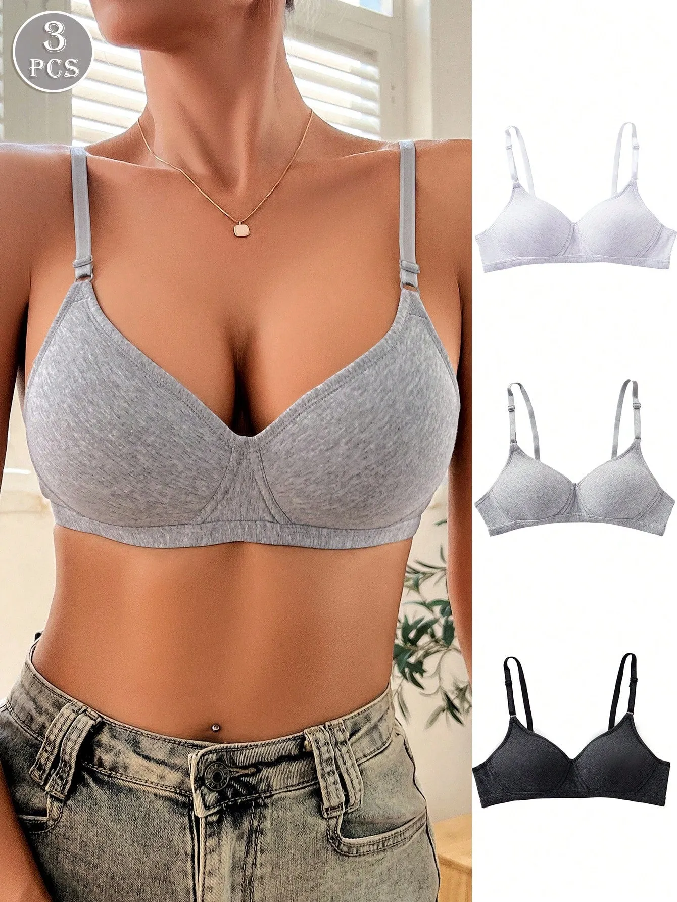 3PCS Lady's Comfortable Sleep Multicolour Wireless Soft Solid Underwear Bra, Lingerie