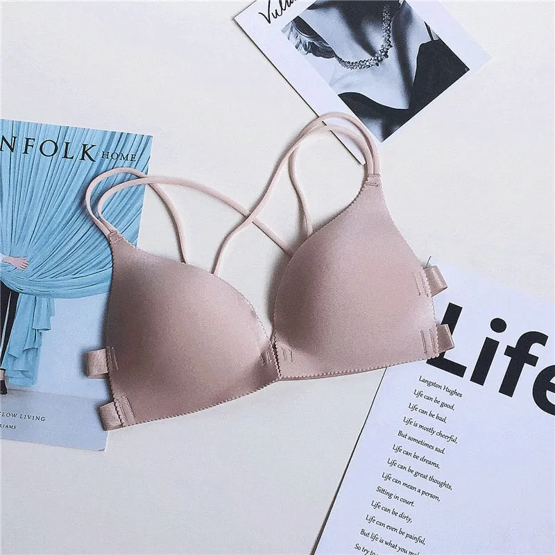 Back embellished ladies front buckle fashion sexy bra padded underwear gather push Bra