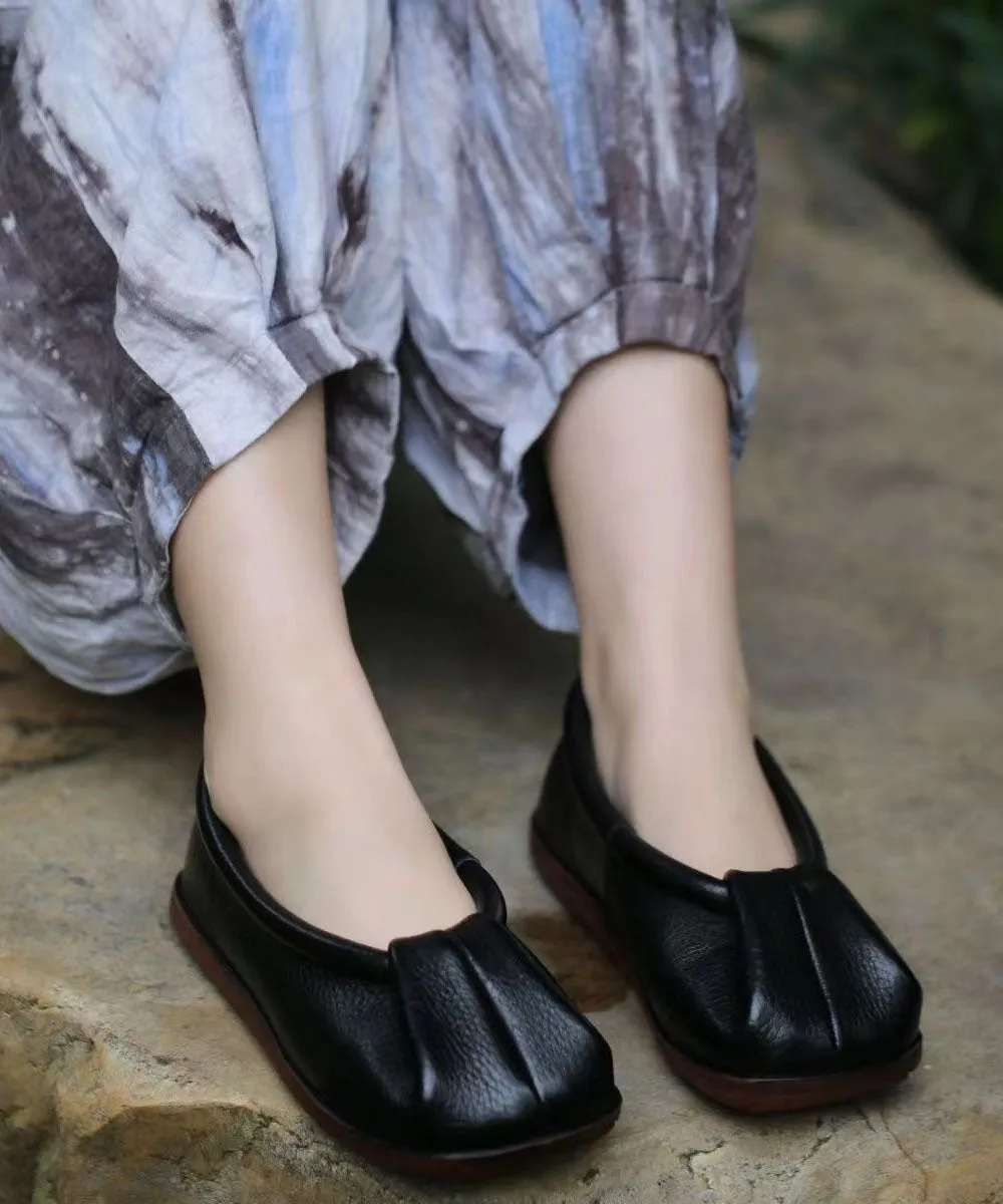 Comfortable Soft Black Cowhide Leather Flats Splicing Wrinkled