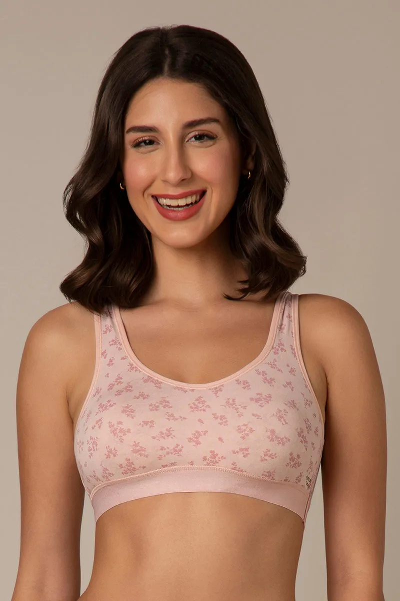 Easy Slip-On Non-Padded Non-Wired Cotton Bra - Pink Floral Print