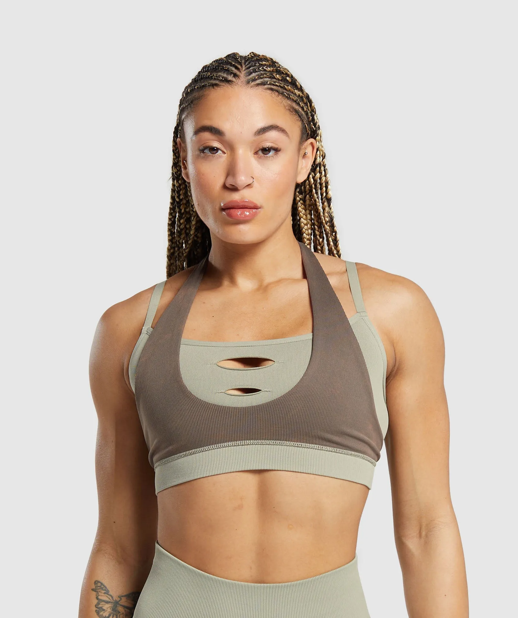 Gymshark Gains Seamless Bralette - Chalk Green/Camo Brown