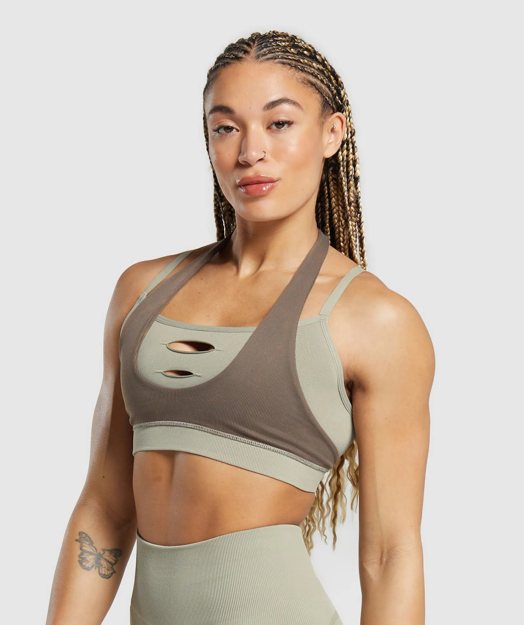 Gymshark Gains Seamless Bralette - Chalk Green/Camo Brown