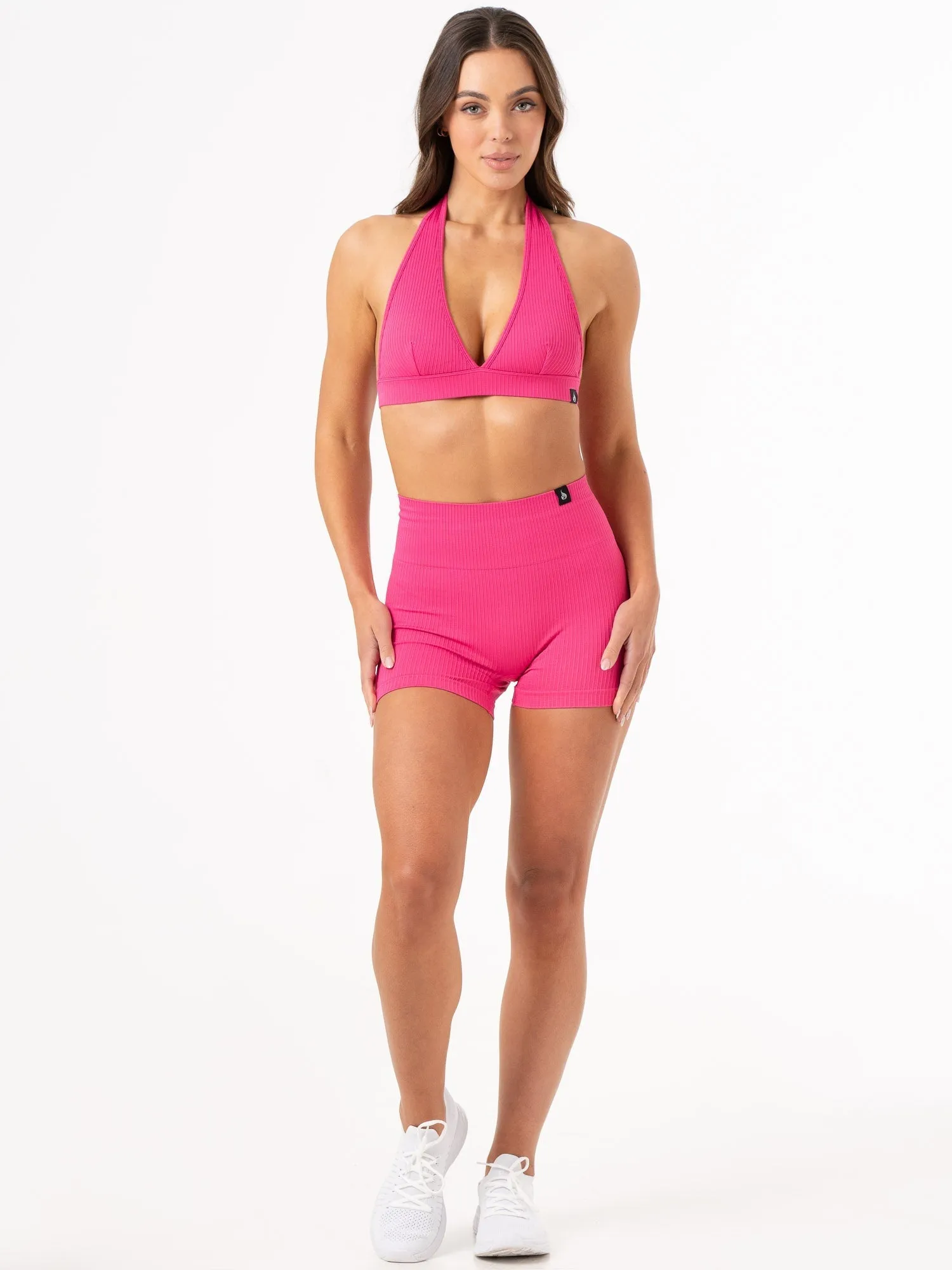 Rib Seamless Halter Sports Bra - Hot Pink