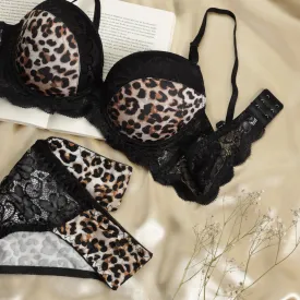 Sajiero Leopard Print Lacy Padded Bra and Panty Set