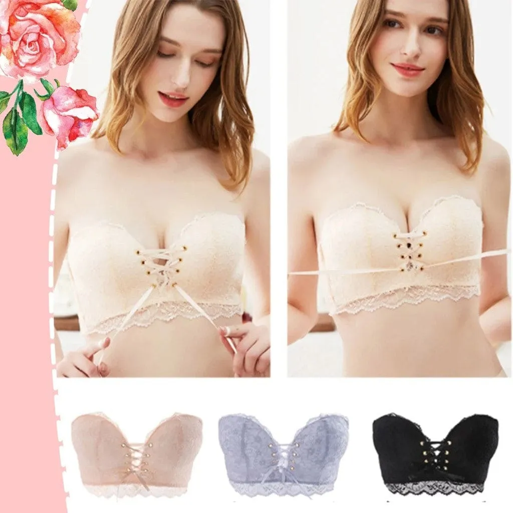 Strapless Crisscross Drawstring Contrast Lace Bra