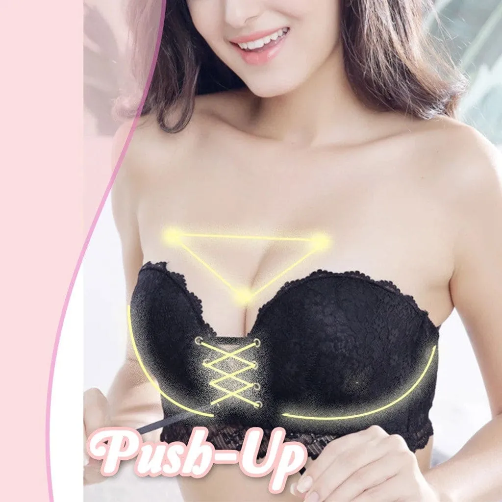 Strapless Crisscross Drawstring Contrast Lace Bra