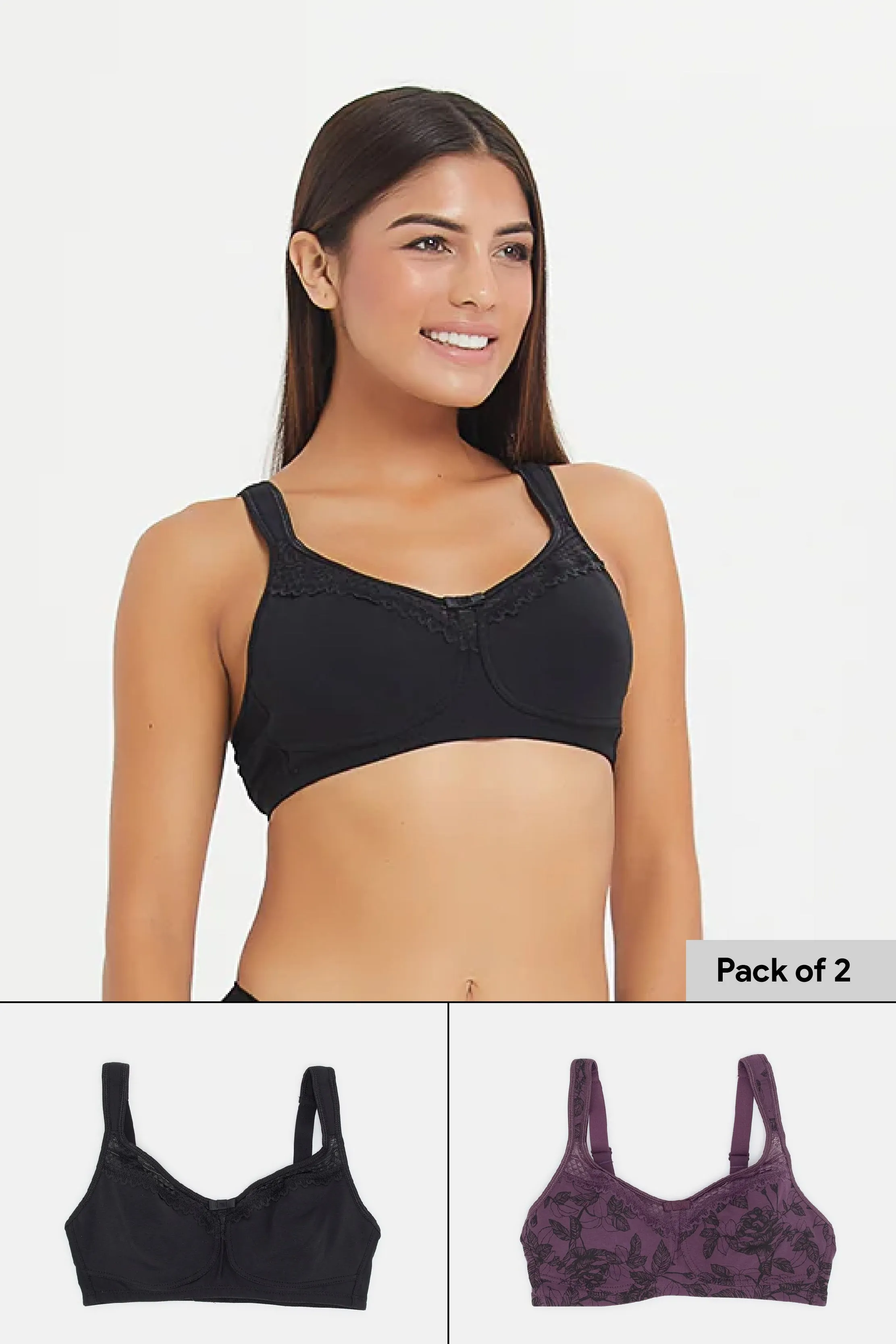 Women Black And Purple Non Padded Bra Set (Pack Of 2)