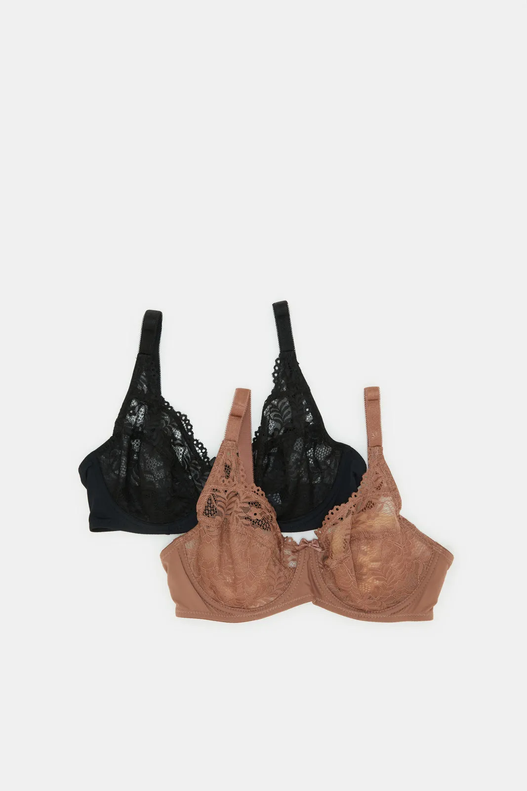 Women Brown And Black Floral Lace Non Padded Bra Set (Pack of 2)