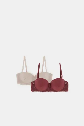 Women Pink And Burgundy Lace Balconette Bra Set (Pack of 2)