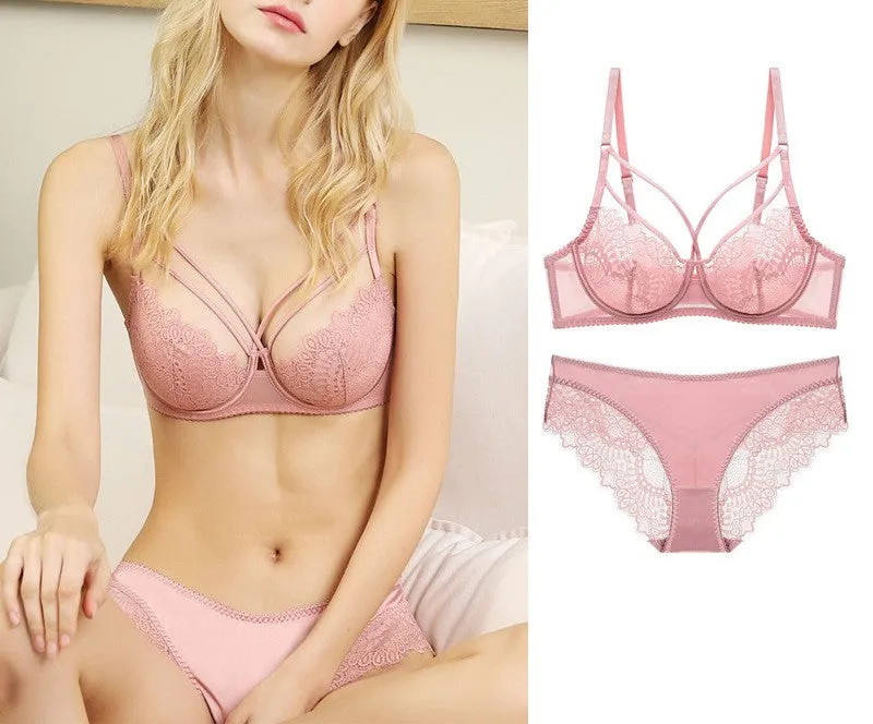 Women transparent sexy lace large size bra set ultra-thin beautiful breasts beautiful back thin strap big breast women's underwear bra