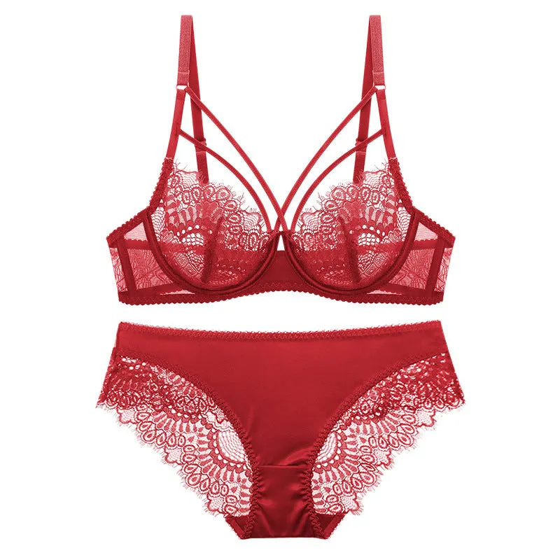 Women transparent sexy lace large size bra set ultra-thin beautiful breasts beautiful back thin strap big breast women's underwear bra