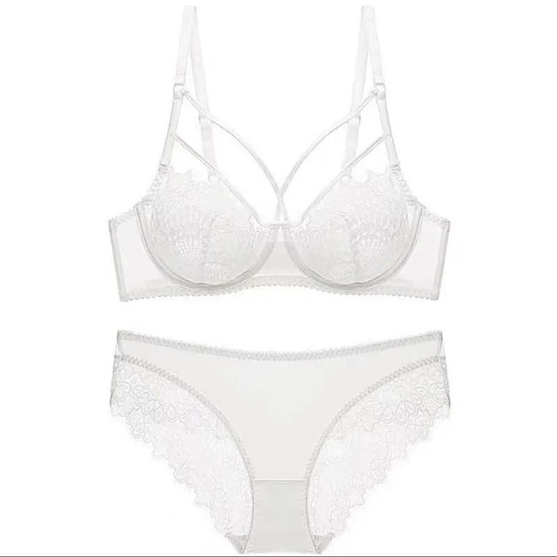 Women transparent sexy lace large size bra set ultra-thin beautiful breasts beautiful back thin strap big breast women's underwear bra