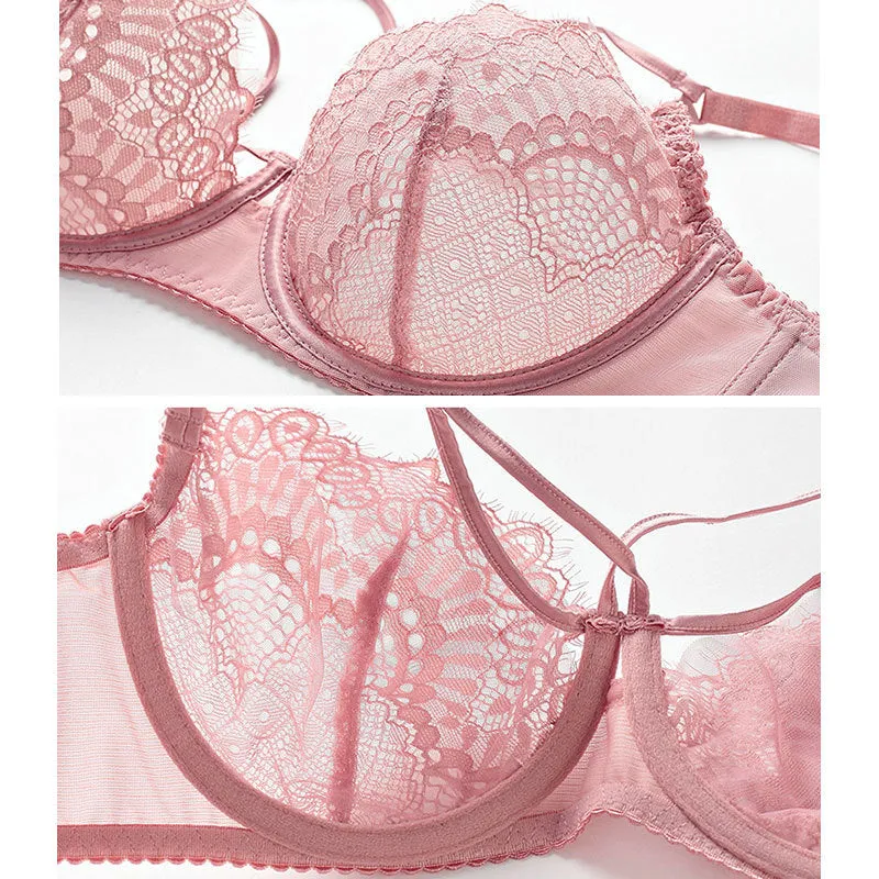 Women transparent sexy lace large size bra set ultra-thin beautiful breasts beautiful back thin strap big breast women's underwear bra