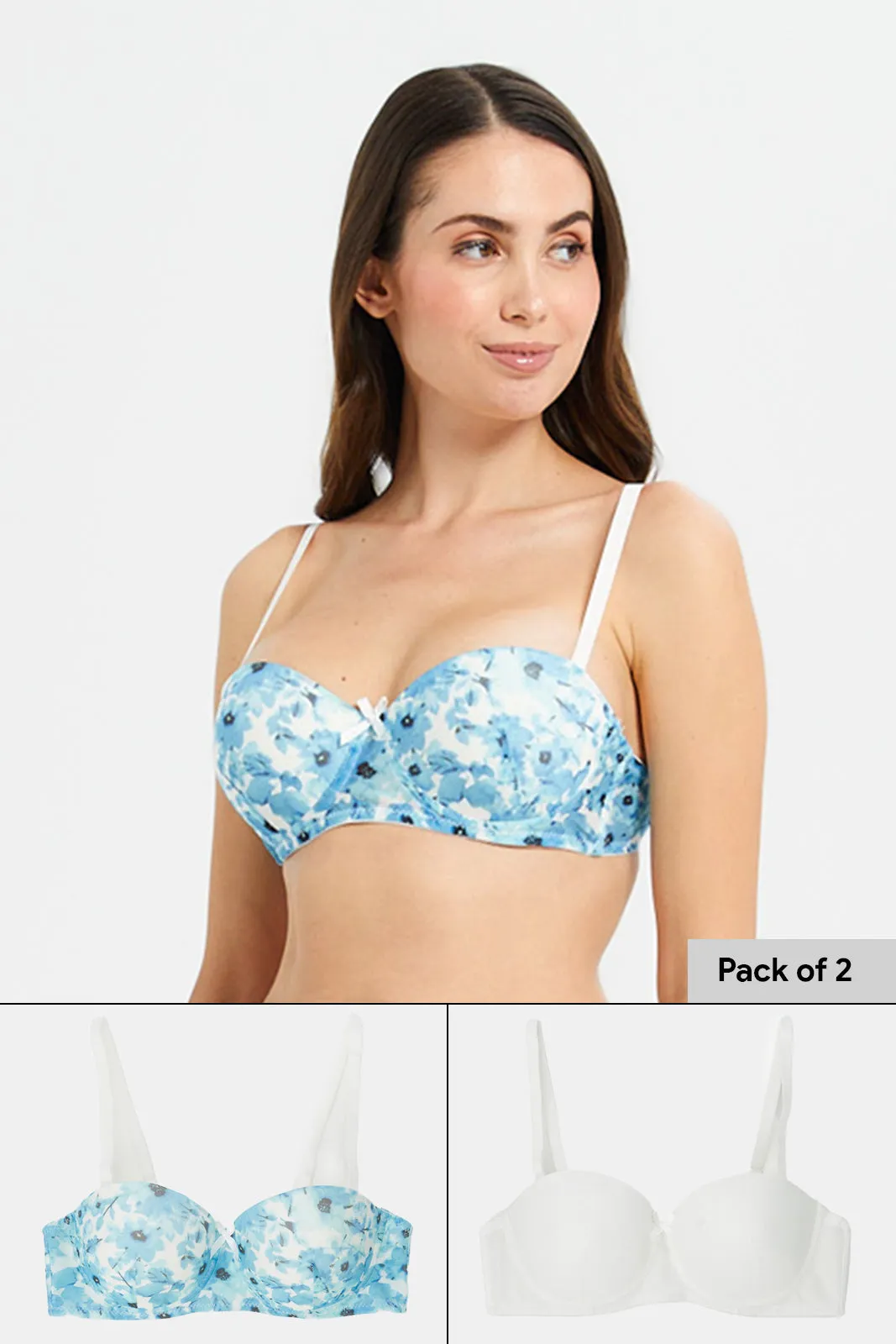 Women White And Blue Balconette Bra Set (Pack of 2)