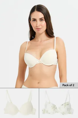 Women White And Ivory Push Up Bra Set (Pack of 2)