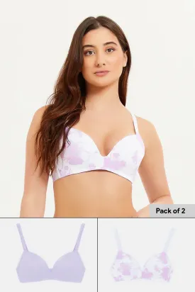 Women White And Lilac Print Non Wired Bra (Pack of 2)