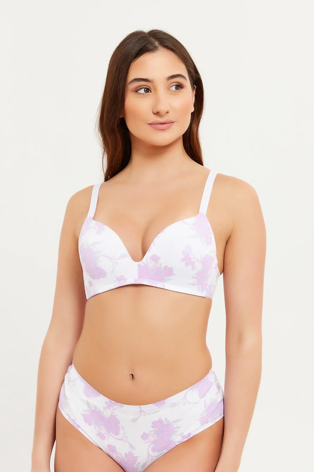 Women White And Lilac Print Non Wired Bra (Pack of 2)