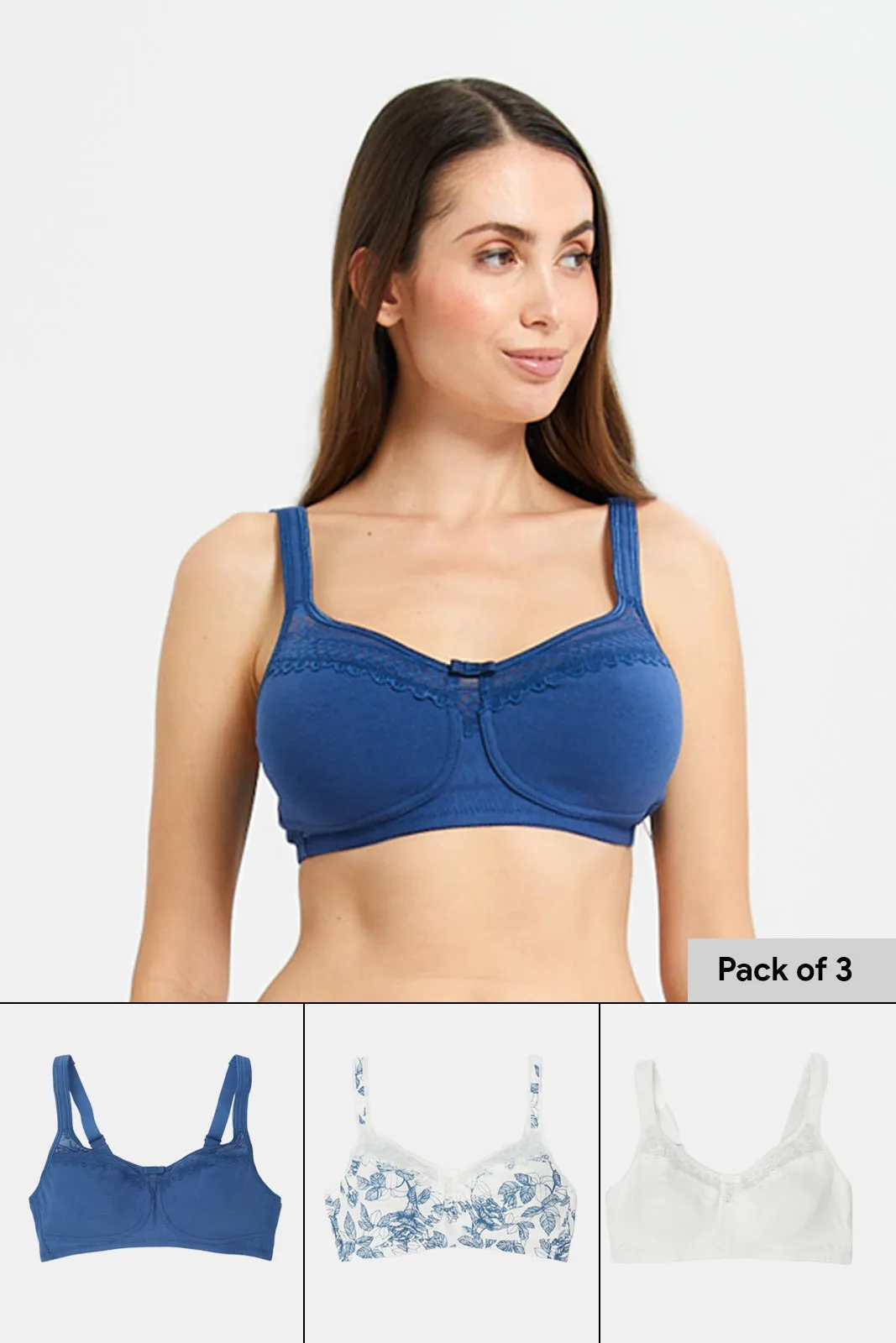 Women White And Navy Non Wired Bra Set (Pack of 3)