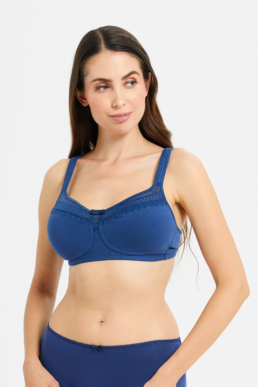 Women White And Navy Non Wired Bra Set (Pack of 3)