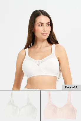 Women White And Pink Non Padded Bra Set (Pack of 2)