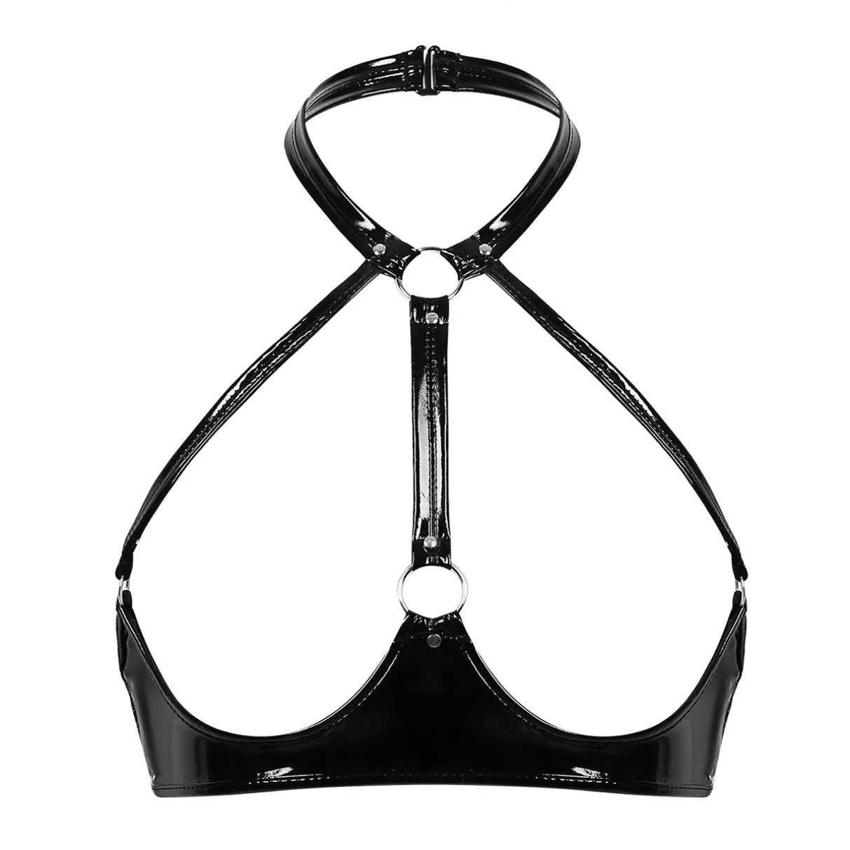 Women's Bra Patent Leather Halter Neck Backless Open Cups Wire-free Unlined Bra Top